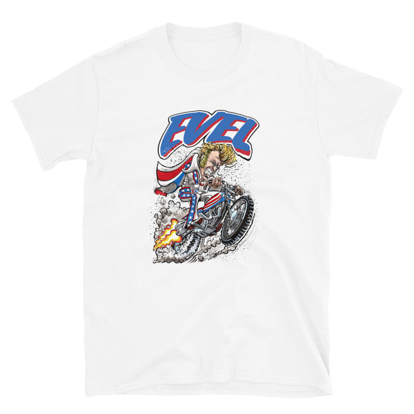 Evel Knievel-Evel Rides Again in this cool artist rendition - Available in sizes Small - 3XL and Colors Black or White
