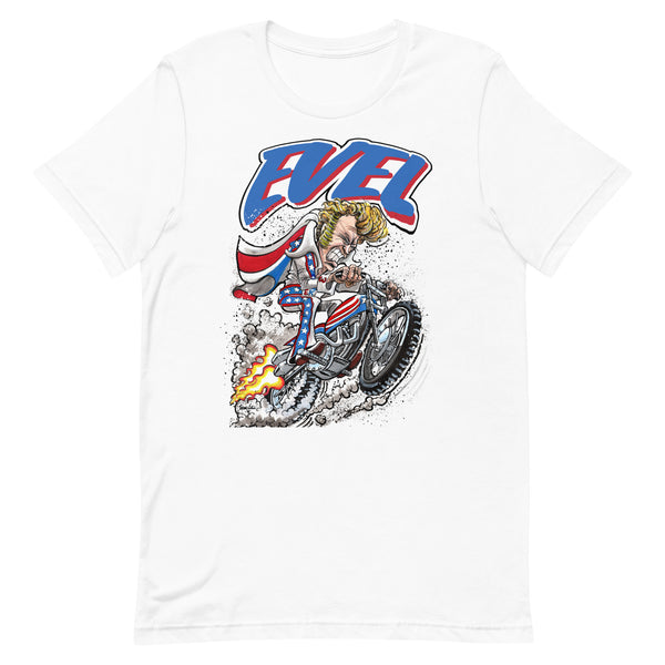 Evel Knievel - Evel Rides Again in this Cool Artist Rendition - Available in Sizes Small - 5XL - Colors Royal Blue, White, Pink or Sports Gray to make you Happy!