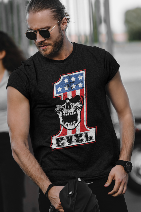 Evel Knievel Men's Skull Motorcycle T-Shirt in Black- Available in Sizes Small- 3XL