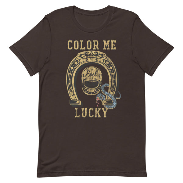 Evel Knievel "Color Me Lucky" Mens Motorcycle Brown Tee Available in Sizes Small- 2XL-Don't Let the Snake Bite