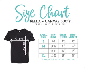 Bella + Canvas 3001Y youth t-shirt size chart with chest width and body length measurements in inches