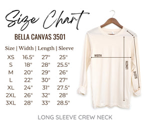 Bella + Canvas 3501 unisex long sleeve tee size chart with chest width, body length and sleeve length in inches