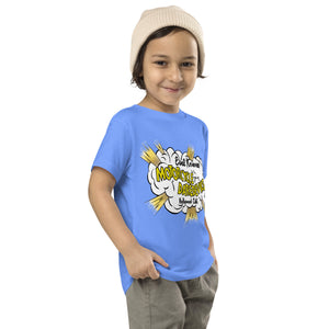 Evel Knievel First Stunt Logo Toddler Tee — heather columbia blue — angled front view