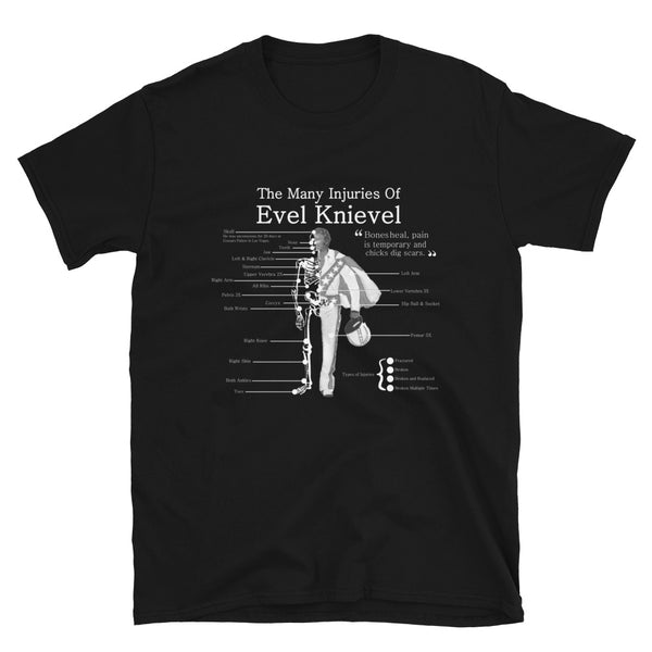 Evel Knievel Men's "Chicks Dig Scars" Bones Tee Shirt in Black- Available in sizes Small -3XL