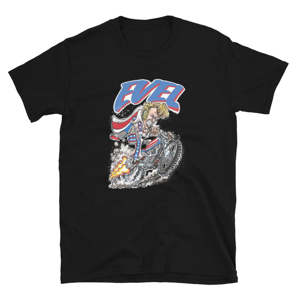 Evel Knievel-Evel Rides Again in this cool artist rendition - Available in sizes Small - 3XL and Colors Black or White