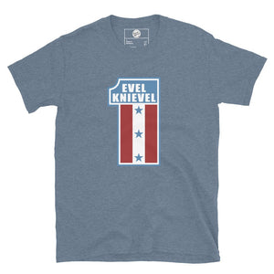 Evel Knievel Cliff Booth Tee — heather indigo — front view (2)