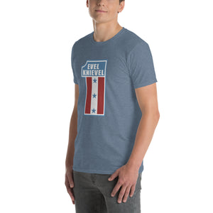 Evel Knievel Cliff Booth Tee — heather indigo — angled front view