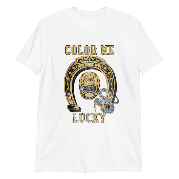 Evel Knievel "Color Me Lucky" Mens White Tee- Available in Sizes Small - 3XL - Don't Let the Snake Bite