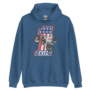 Evel Knievel Vintage #1 Wheelie Hoodie — indigo blue — front view