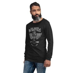 Evel Knievel Vintage 1966 Motorcycle Long Sleeve Tee — black heather — angled front view