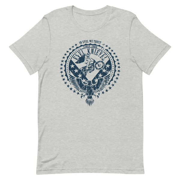 Evel Knievel Men's "In Evel We Trust" Vintage  Badge Tee - Athletic Grey -  Available in Sizes Small - 5XL