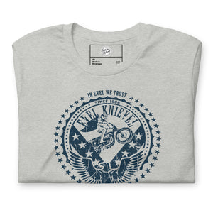 Evel Knievel In Evel We Trust Vintage Badge Tee — athletic heather — front view (3)