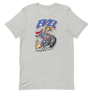 Evel Knievel® - Evel Rides Again in this Cool Artist Rendition - Available in Sizes Small - 5XL - Colors Royal Blue, White, Pink or Sports Gray to make you Happy! - Evel Knievel
