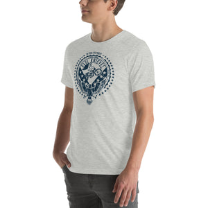 Evel Knievel In Evel We Trust Vintage Badge Tee — athletic heather — angled front view