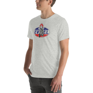 Evel Knievel Vintage Oval Badge Tee — athletic heather — angled front view