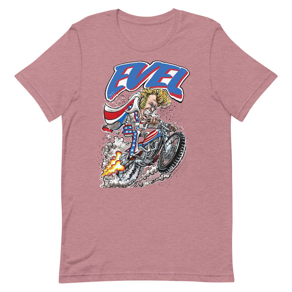 Evel Knievel - Evel Rides Again in this Cool Artist Rendition - Available in Sizes Small - 5XL - Colors Royal Blue, White, Pink or Sports Gray to make you Happy!