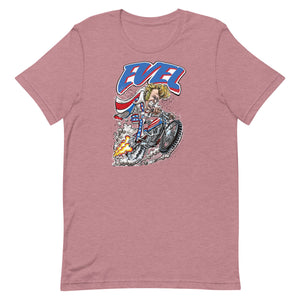 Evel Knievel® - Evel Rides Again in this Cool Artist Rendition - Available in Sizes Small - 5XL - Colors Royal Blue, White, Pink or Sports Gray to make you Happy! - Evel Knievel