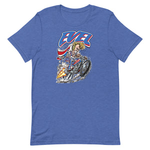 Evel Knievel® - Evel Rides Again in this Cool Artist Rendition - Available in Sizes Small - 5XL - Colors Royal Blue, White, Pink or Sports Gray to make you Happy! - Evel Knievel