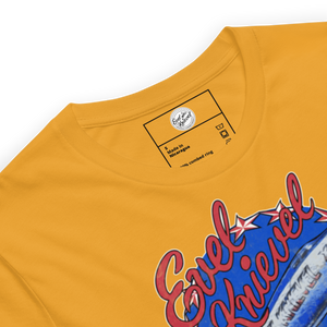 Evel Knievel® Snake River Canyon 1974 tee in mustard, product detail shot showing the fabric and collar