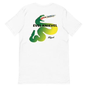 Back of the Evel Knievel® Snake River 1974 souvenir tee: a coiled green and yellow snake with jaws open and the Skycycle X-2 rocket streaking from its mouth, EVEL KNIEVEL across its body