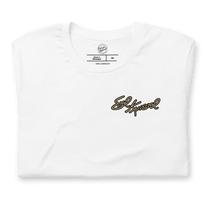 Evel Knievel® Snake River 1974 souvenir tee in white, front view showing the placement of the chest signature