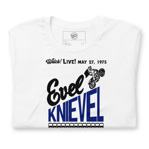 Evel Knievel® 1975 Wembley Bus Jump Tee — White - Evel Knievel