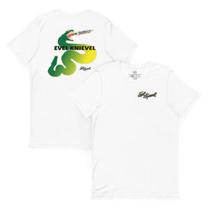 Evel Knievel® Snake River 1974 souvenir tee in white, front and back shown together: the snake and rocket design on the back, the signature on the left chest