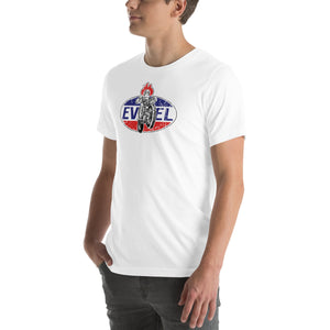 Evel Knievel Vintage Oval Badge Tee — white — angled front view