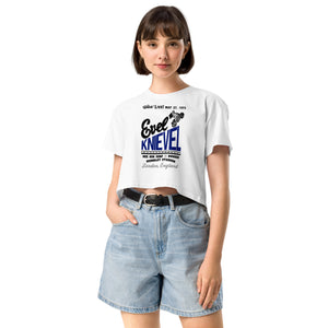 Evel Knievel 1975 Wembley Bus Jump Women's Crop Top — white — front view (2)