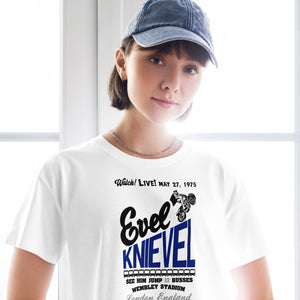 Evel Knievel® 1975 Wembley Bus Jump Women's Crop Top — White - Evel Knievel