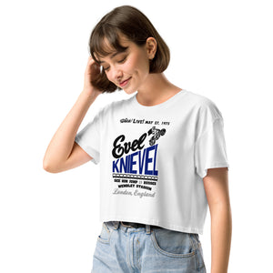 Evel Knievel® 1975 Wembley Bus Jump Women's Crop Top — White - Evel Knievel