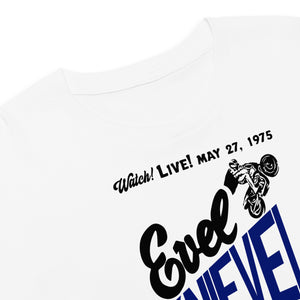 Evel Knievel® 1975 Wembley Bus Jump Women's Crop Top — White - Evel Knievel