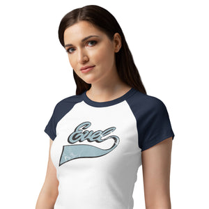 Evel Knievel® Vintage Script Women's Raglan Baby Tee — White & Navy - Evel Knievel