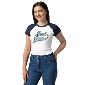 Evel Knievel Vintage Script Women's Raglan Baby Tee — white with navy sleeves — front view (2)