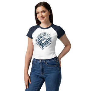 Evel Knievel In Evel We Trust Women's Raglan Baby Tee — white with navy sleeves — front view (2)