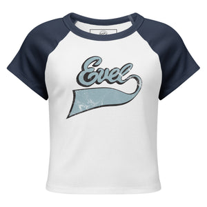 Evel Knievel® Vintage Script Women's Raglan Baby Tee — White & Navy - Evel Knievel