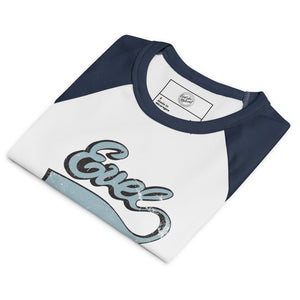Evel Knievel® Vintage Script Women's Raglan Baby Tee — White & Navy - Evel Knievel