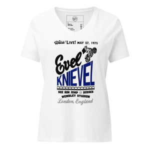 Evel Knievel® 1975 Wembley Bus Jump Women's V-Neck — White - Evel Knievel