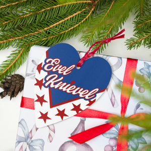 Evel Knievel heart-shaped Christmas ornament in Hinoki wood — reverse side
