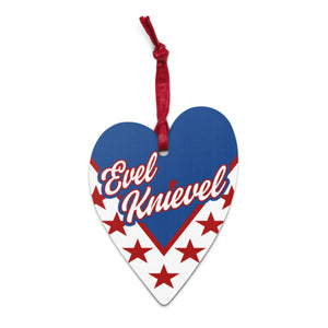 Evel Knievel heart-shaped Christmas ornament in Hinoki wood — with red ribbon