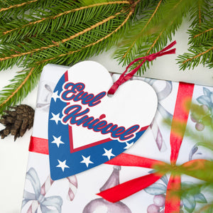 Evel Knievel heart-shaped Christmas ornament in Hinoki wood — reverse side
