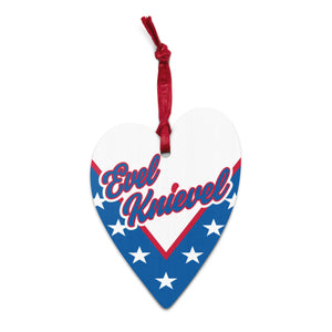 Evel Knievel heart-shaped Christmas ornament in Hinoki wood — with red ribbon