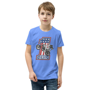 Evel Knievel Join Our Team #1 Youth Tee — heather columbia blue — front view